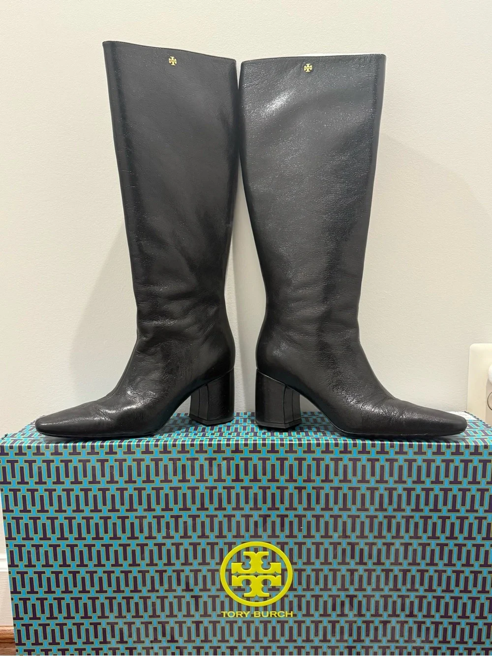 Tory Burch Black Leather Knee-High Block Heel Boots with Gold Logo